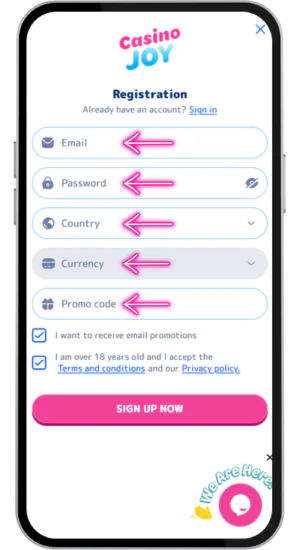 Sign-up form in a casino